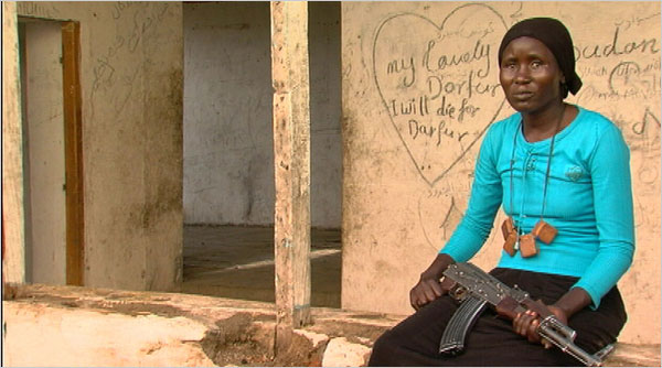 Hejewa Adam, a Sudanese mother and rebel who lost her village to Janjaweed militias, is interviewed in “Darfur Now.”