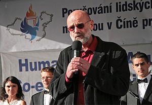 Jan Ruml, prisoner of conscience, former Minister of Interior, MP, vice-chairman of the Czech Senate and the current head of the Olympic Watch (Committee for the 2008 Olympic Games in a Free and Democratic Country) speaks in support of human rights at the ceremony at Old Town Square in Prague.