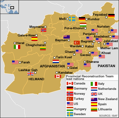 Map showing command centres and lead nations in reconstruction areas in Afghanistan