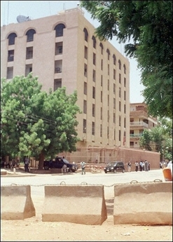 The US embassy building in Khartoum. A US embassy official has been wounded in a gun attack which killed an embassy driver in the Sudanese capital, the embassy said.