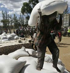 A man helps unload sacks of food provided by the World Food Program in a makeshift camp in the village of Kachibora, Kenya, on Sunday.